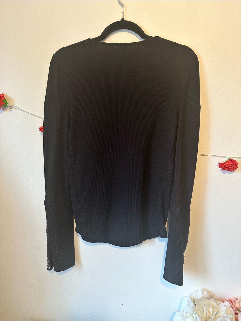 Free People A Little Unruly Black Waffle Stud Long Sleeve Ribbed Top Shirt L - Picture 7 of 15